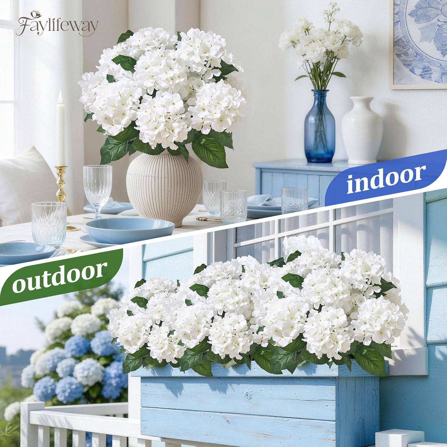 UV Resistant Faux Hydrangea Flowers – 12 Heads for Outdoor Decor (White)