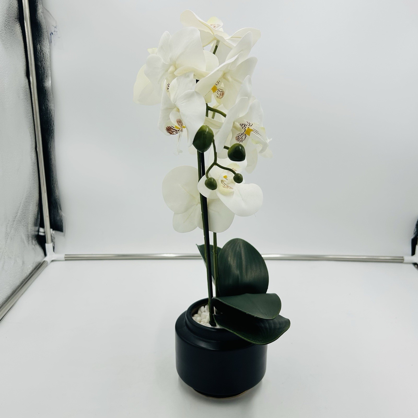 White Phalaenopsis 19″ Orchid Artificial Flowers with Black Vase Arrangement
