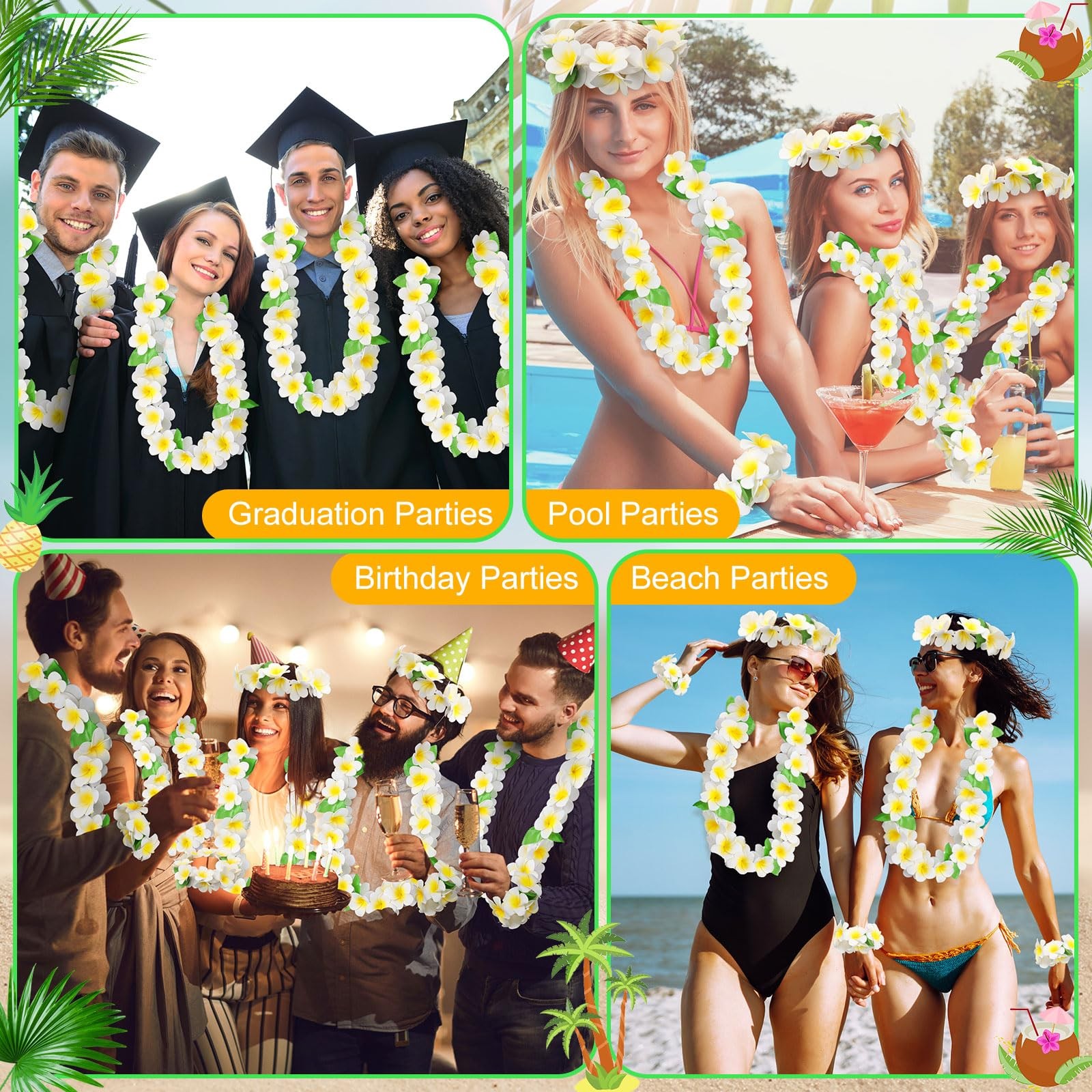 4 Pcs Hawaiian Graduation Lei Set, 3D Foam Plumeria Garland Necklace Bracelet…