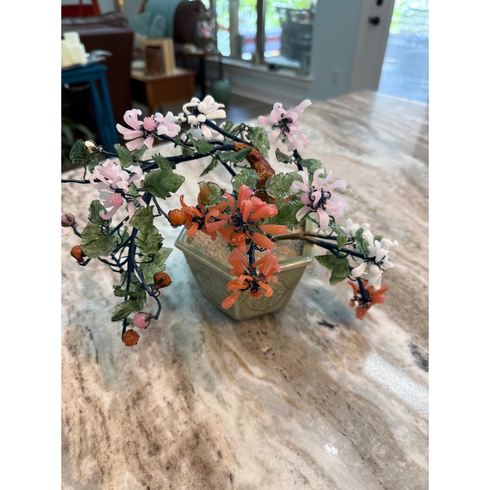 Vintage Chinese Glass Bonsai Tree Pink White Orange Flowers Celadon Pot 10″