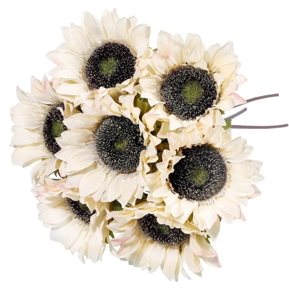 7PCS White Sunflowers Artificial Flowers, Fake Silk Sunflower with Stem Vinta…