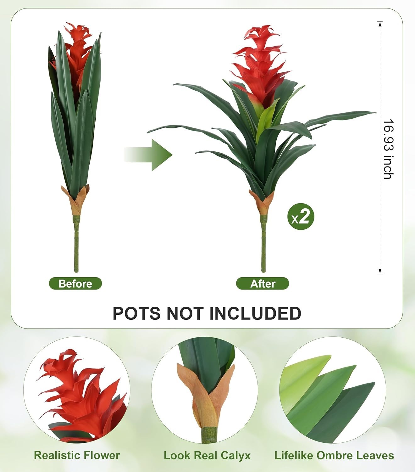 Elegant 2 Pack 16.93″ Red Bromeliad Artificial Flowers for Indoor or Outdoor