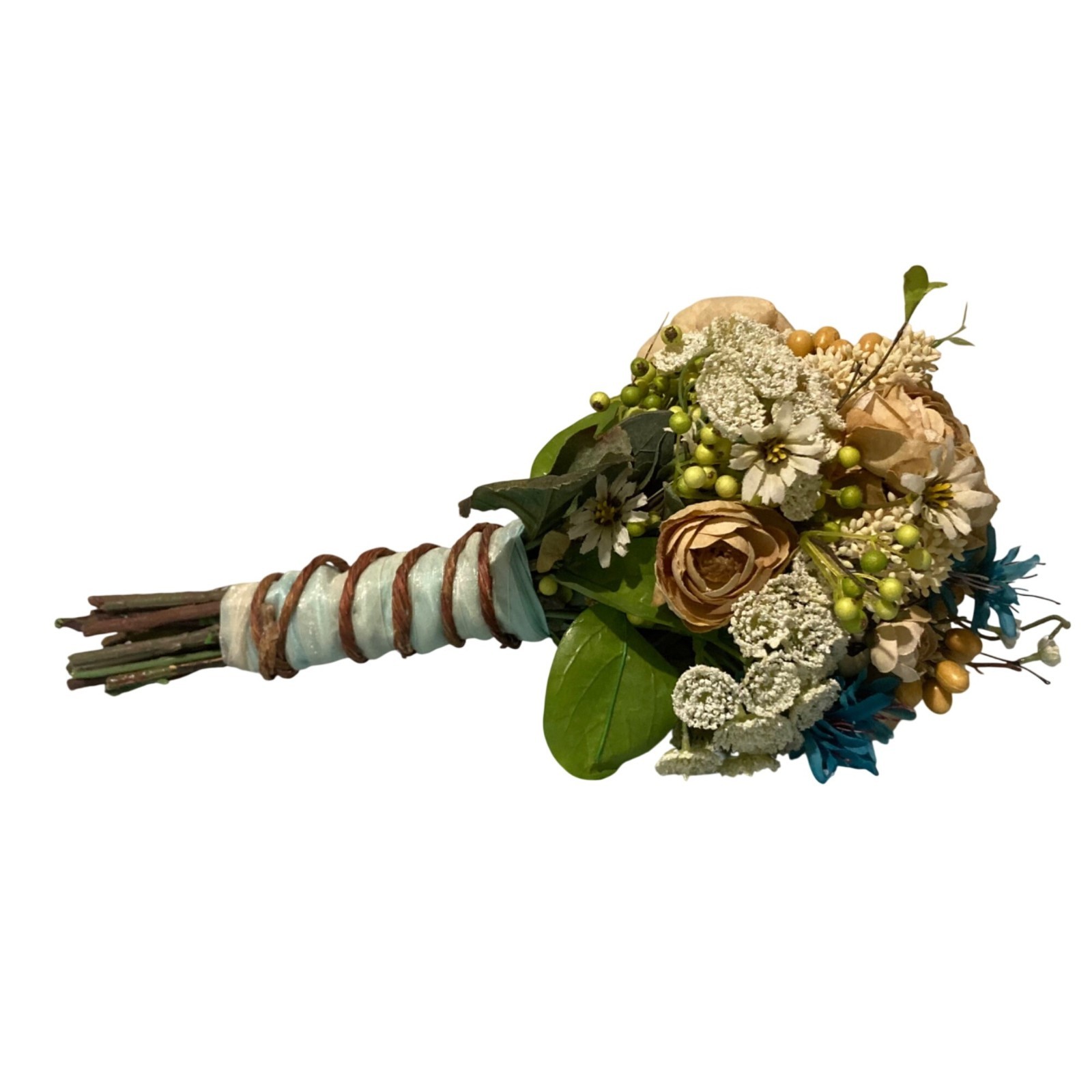 Bridal Flower Bouquet Beige & Blue Blossoms Berry Accents Wedding Or Home Decor