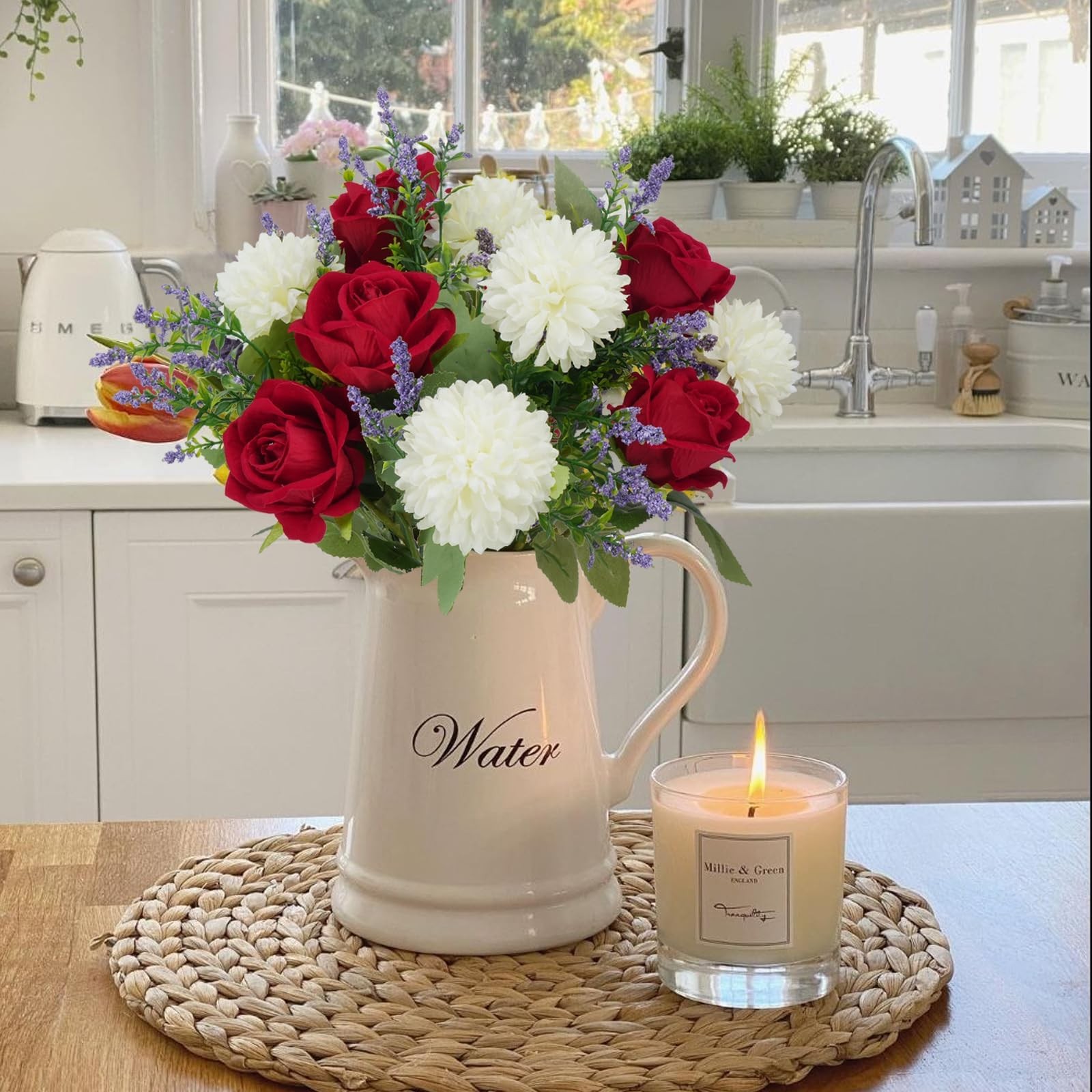 12 Inch Cemetery Flowers for Grave Fake Flower Bouquet Red Rose Silk
