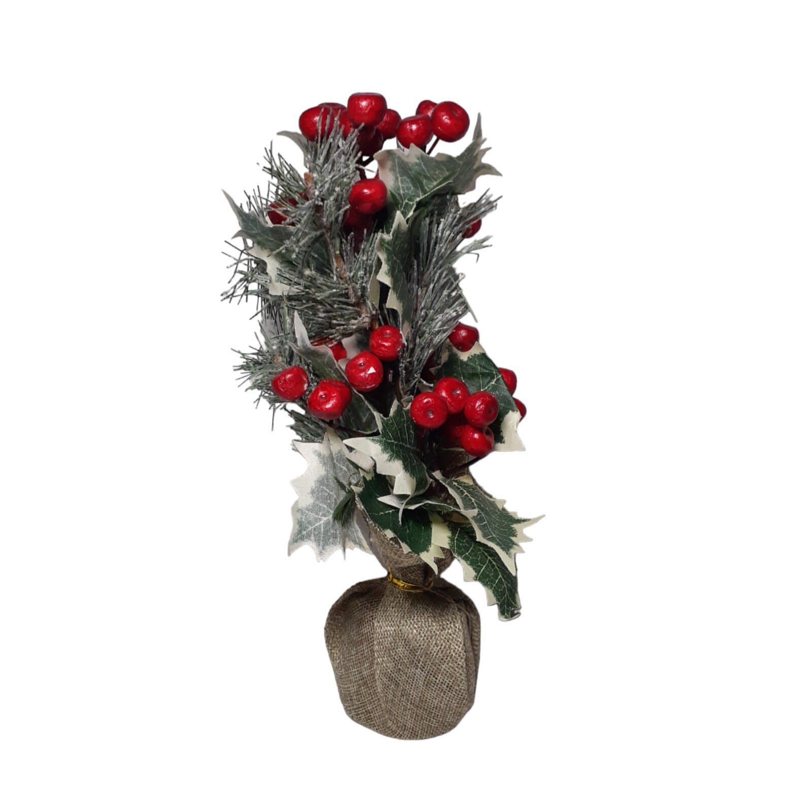 Home Decor Plant Artificial Holly Berries Pine Ivy Greenery In Burlap Winter 11″