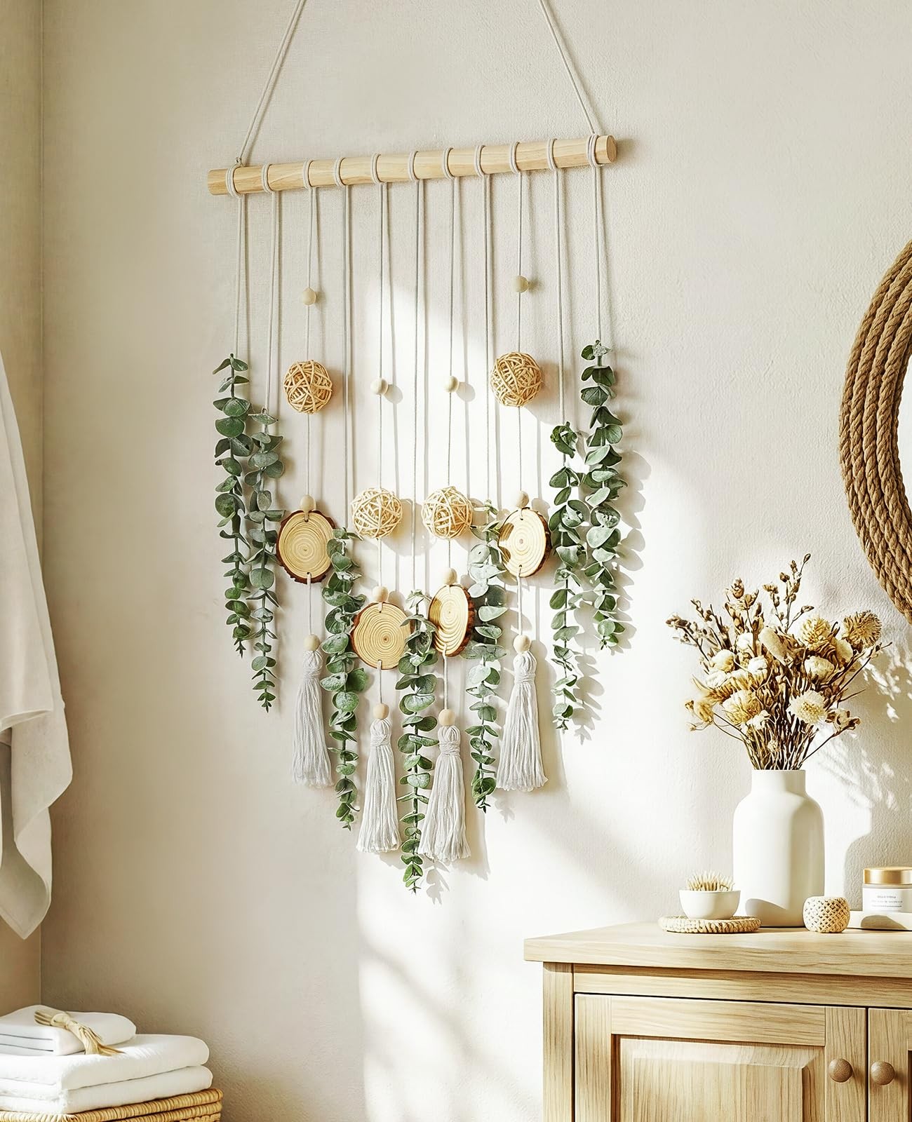 Artificial Eucalyptus Wall Hanging, Fake Greenery Leaves Stems with Wicker Ba…