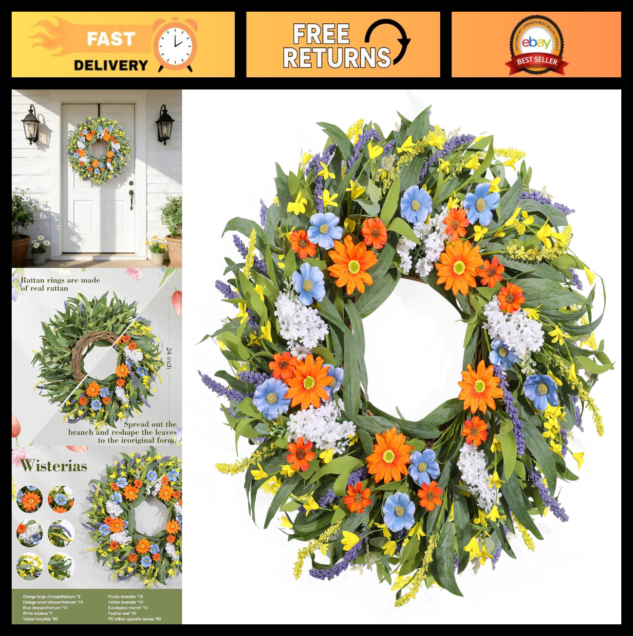 24″ Summer Floral Wreath with Artificial Daisies & Lavender – All Season Door De