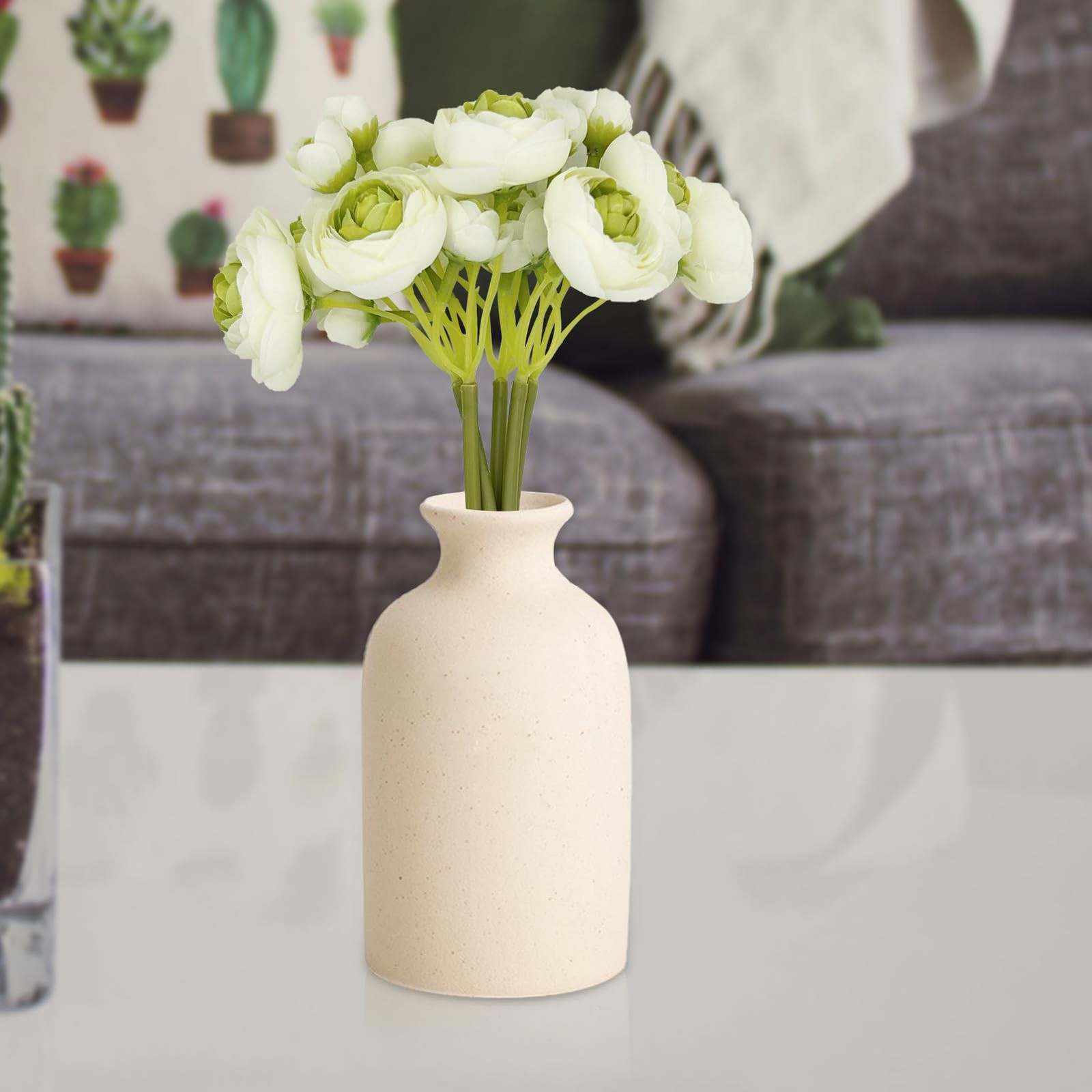 Green Flowers Artificial Ranunculus 11 Inch 6 PCS Silk Real Touch Vase Decor