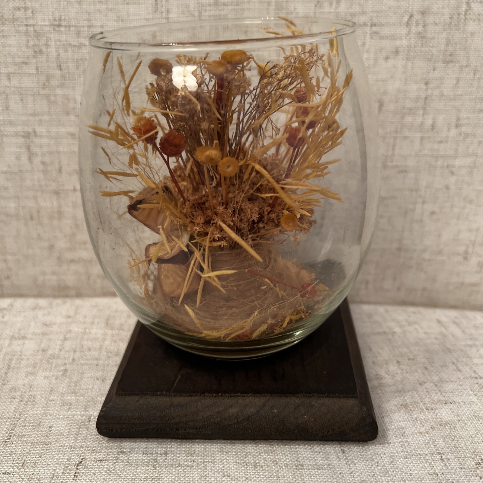 Vintage MCM Glass Terrarium With A Wood Base Dried Flowers Inside