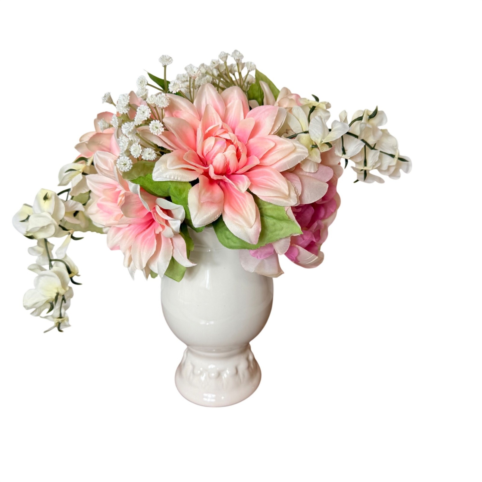 Vintage Faux Floral Arrangement White Ceramic Pedestal Vase Pink Peonies Decor