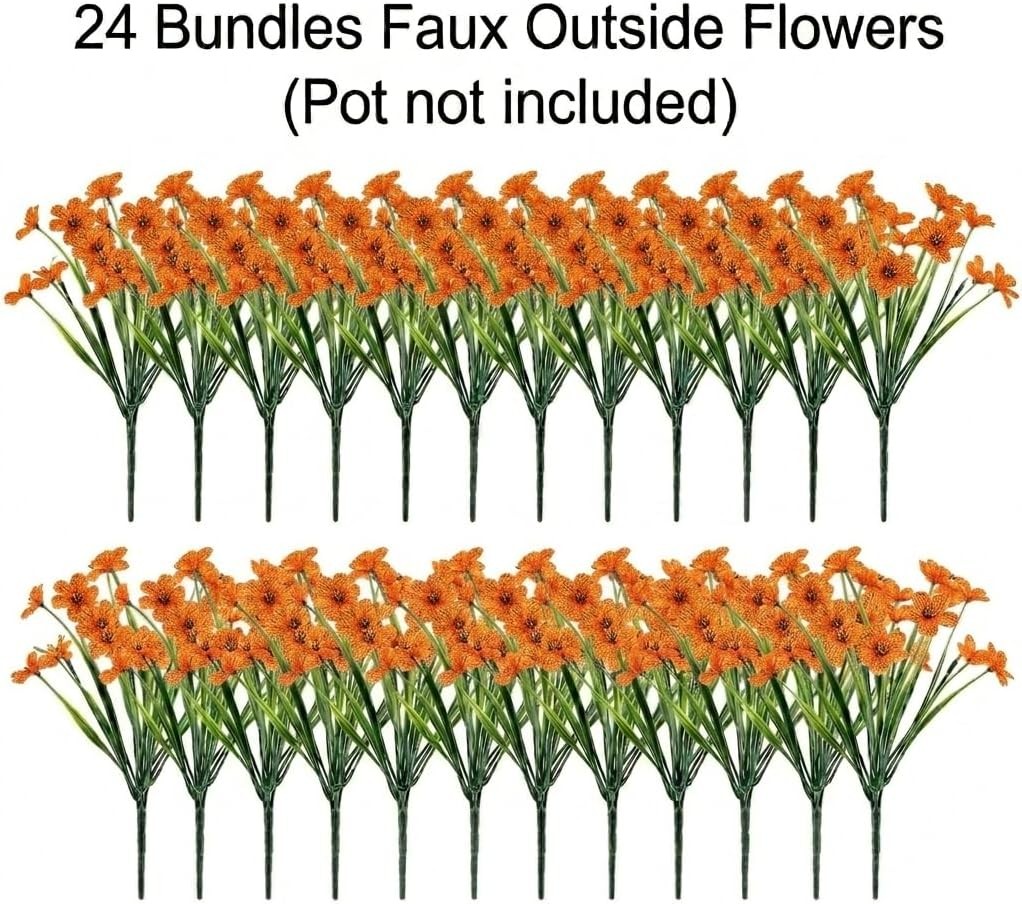 24 Bundles UV Resistant Artificial Flowers, Outdoor Indoor Orange Decor