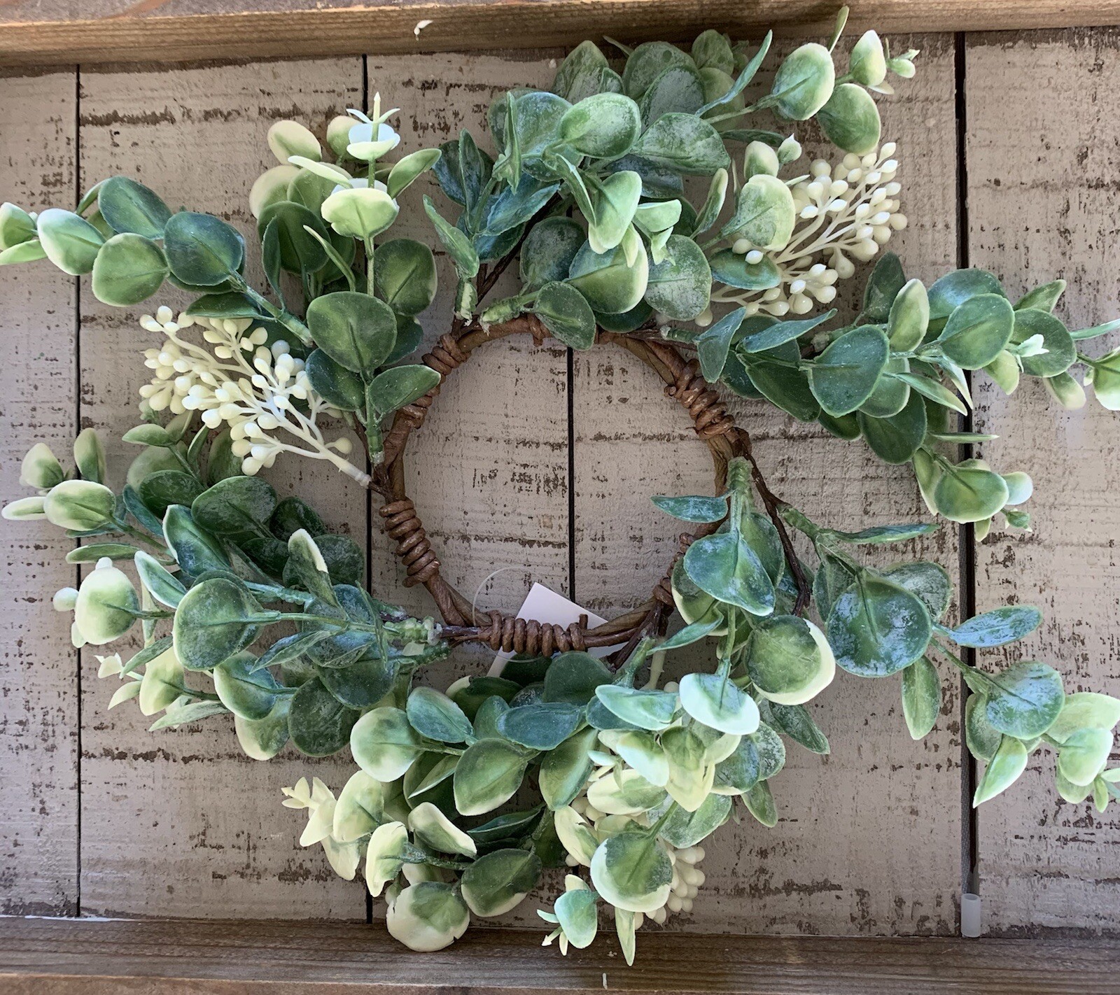 Eucalyptus ‘n Berries Candle Ring Wreath – White Green Country Farmhouse