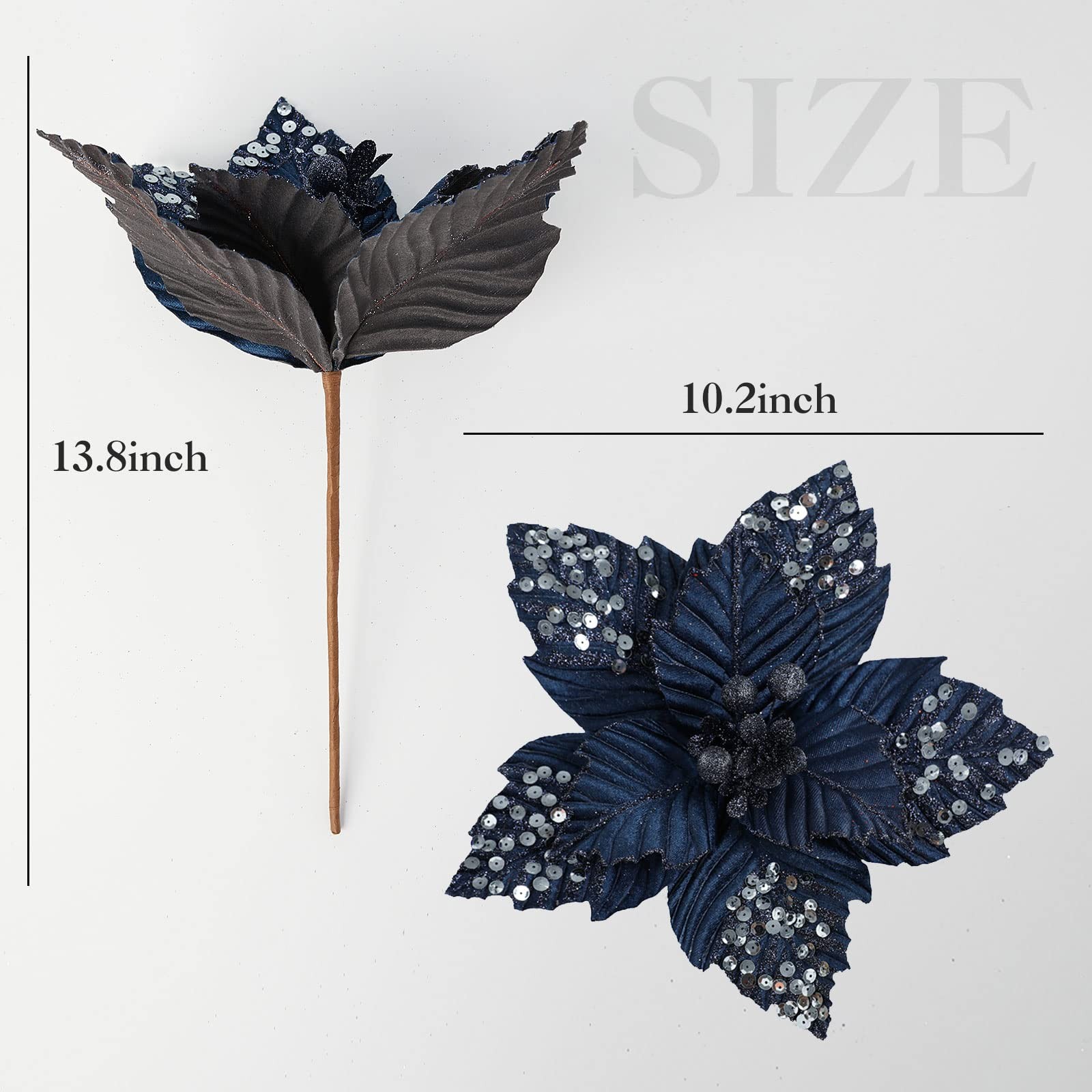 6 PCS 11 Inch Large Christmas Glitter Poinsettia Artificial Flowers Navy