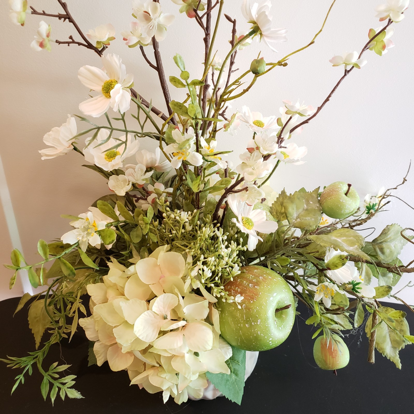 Neutral Apple Blossom Centerpiece, Farmhouse Hydrangea Arrangement, Green Apple