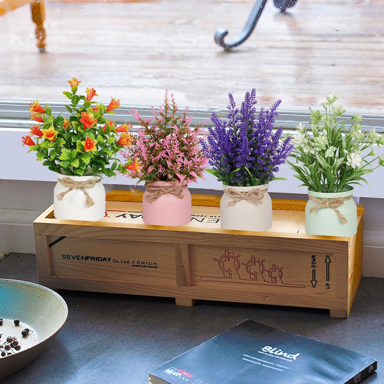 4Pcs Artificial Pot Flowers Small Fake Plants with Pot Mini Potted Plants for Ho