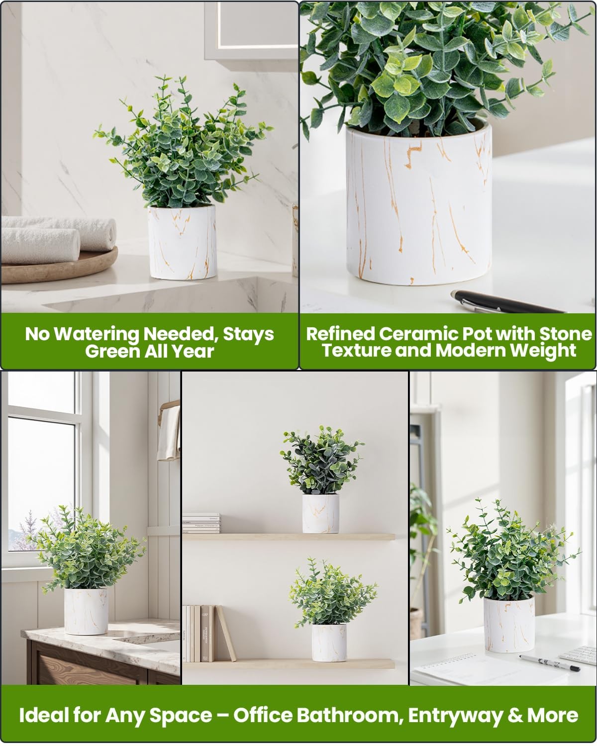 2 Artificial Eucalyptus Plants in White Ceramic Pots Faux Greenery Desk Decor