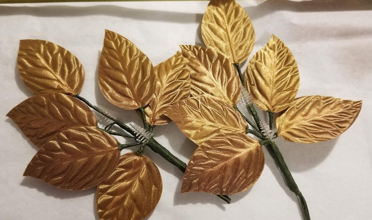 TWO Gold Fabric Rose 2″ Leaf Stems 6 leaf cluster. MY12