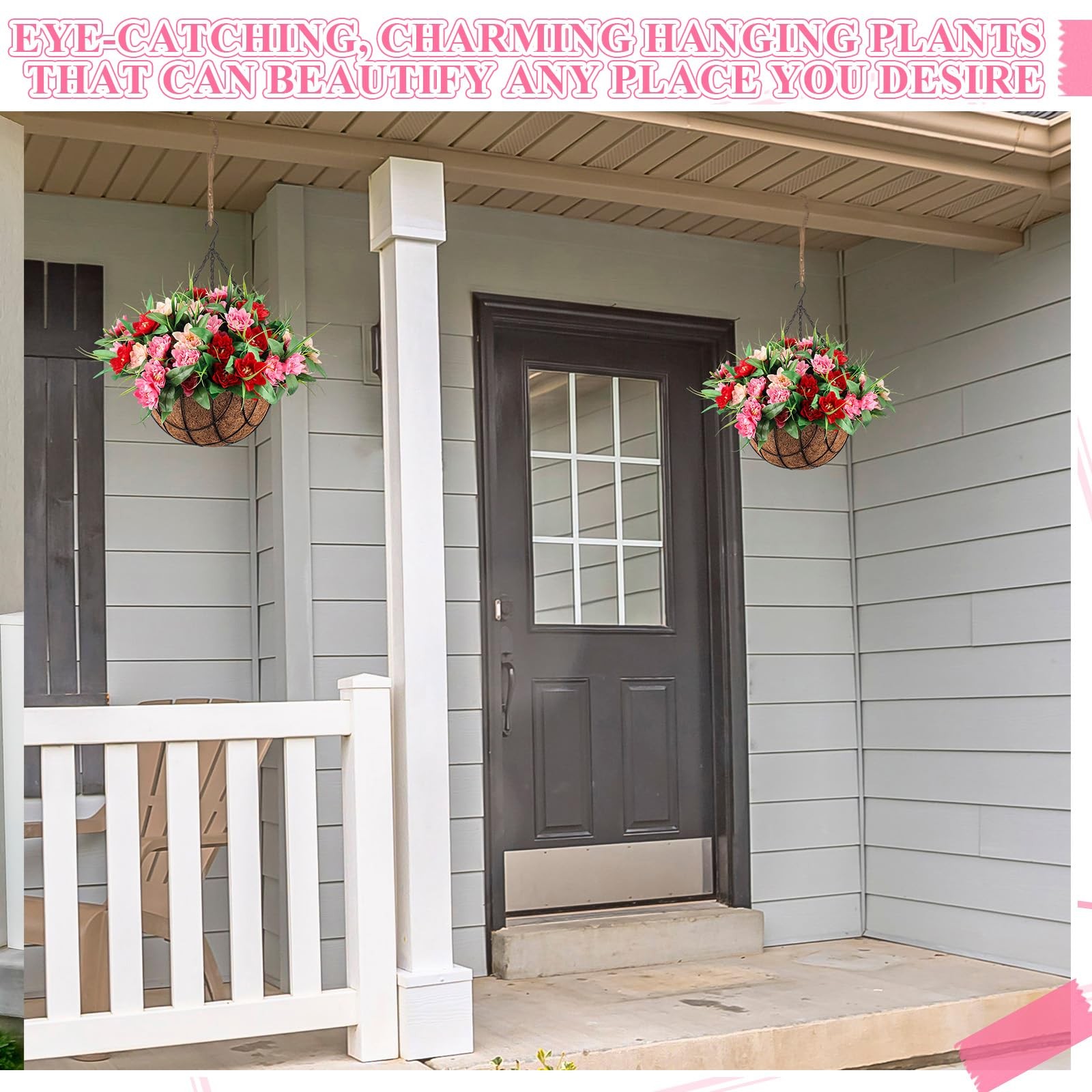Lyrow 2 Pack Artificial Hanging Basket Flowers for Porch Home Yard Decoration…