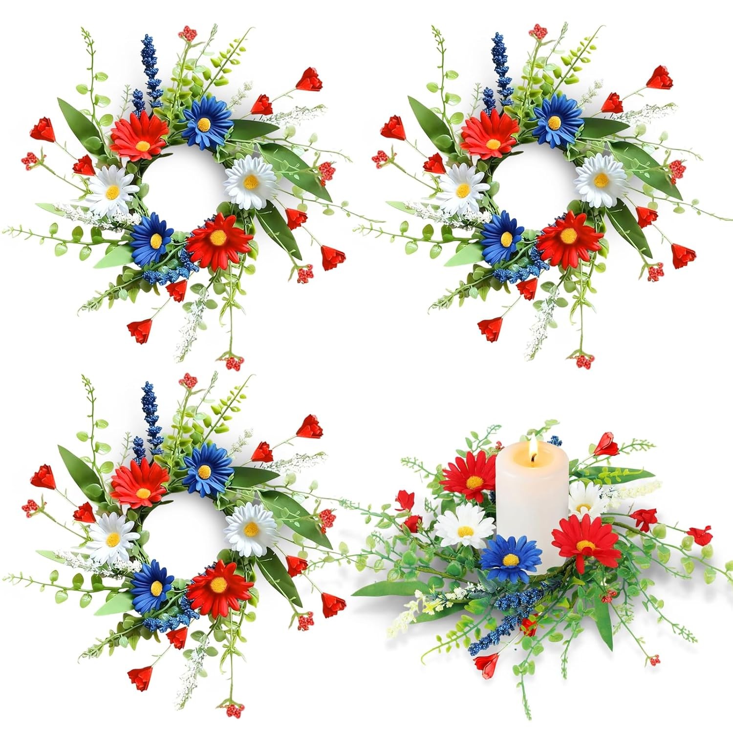 4 PCS Patriotic American Flag Candle Rings Wreaths 4th of July Red White Blue