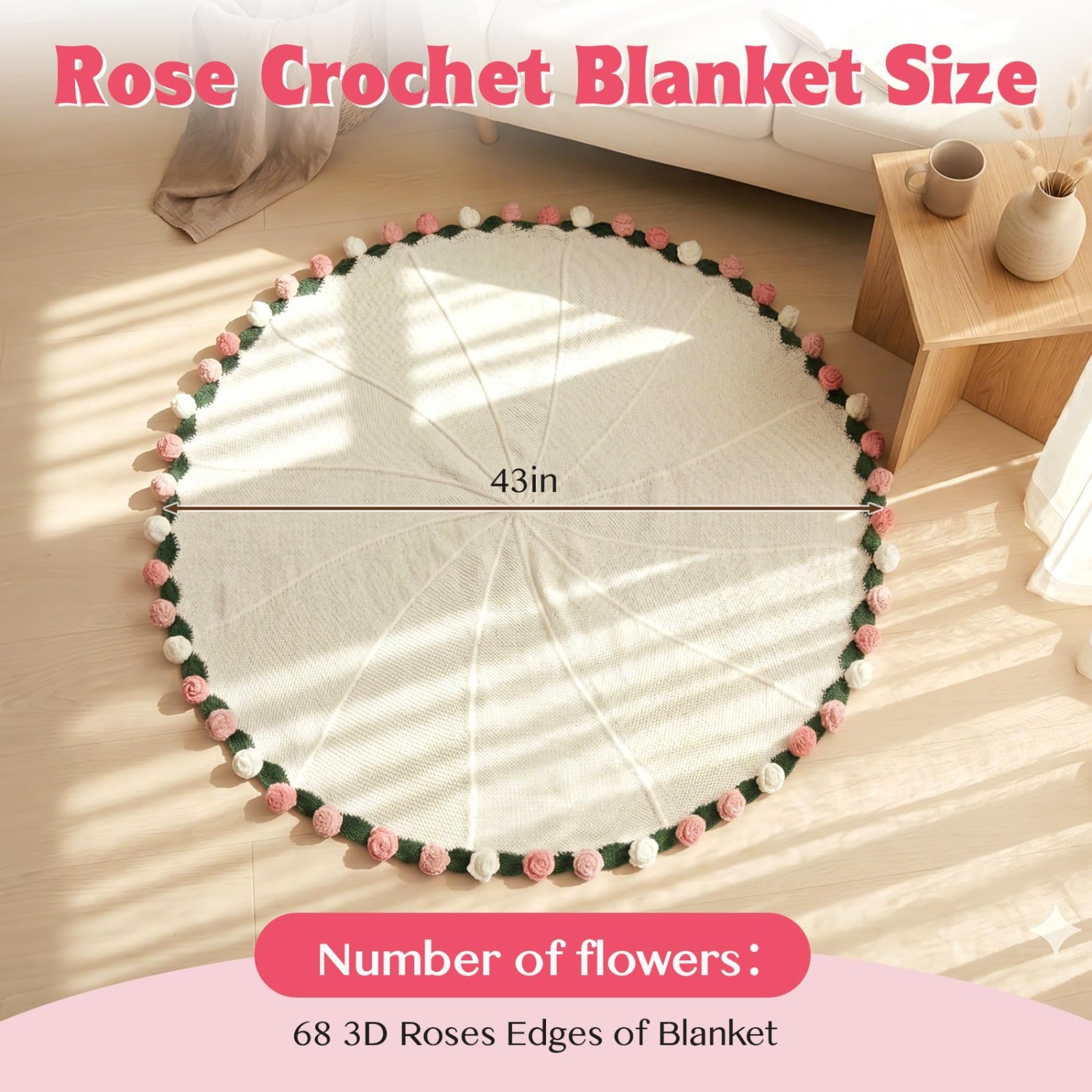 Hand-Crocheted 43″ Rose Flower Bouquet Blanket, Romantic Gift for Home Decor, So