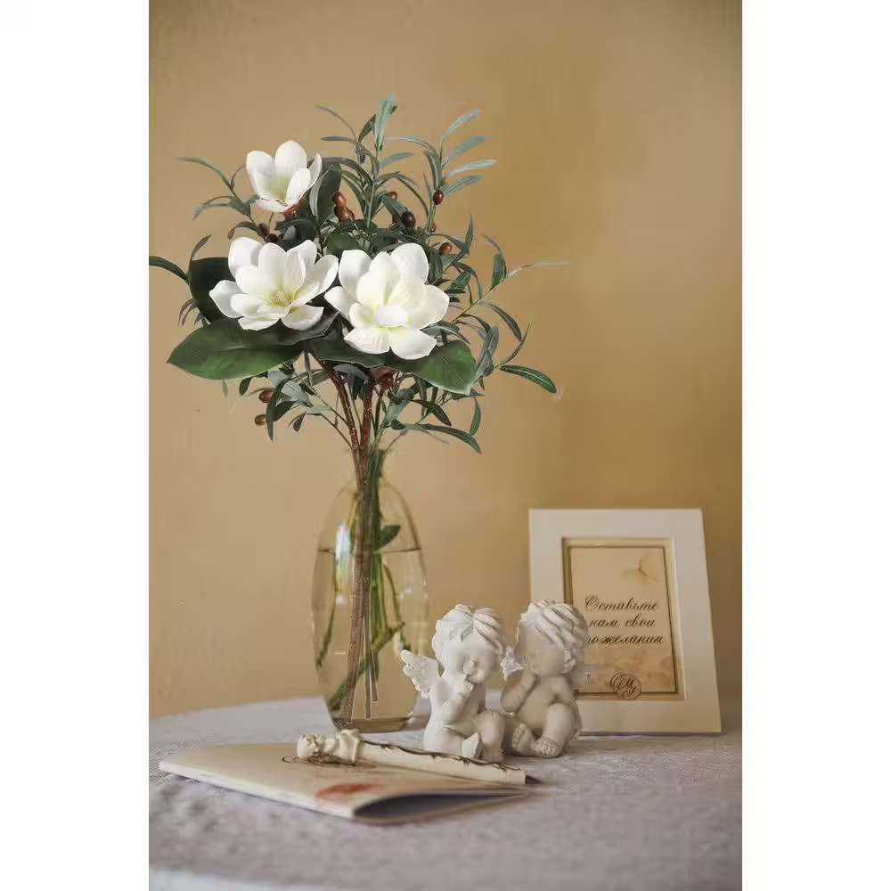 White Artificial Magnolia Flower 1Pcs and Olive Branches 4Pcs Real Touch Combo f