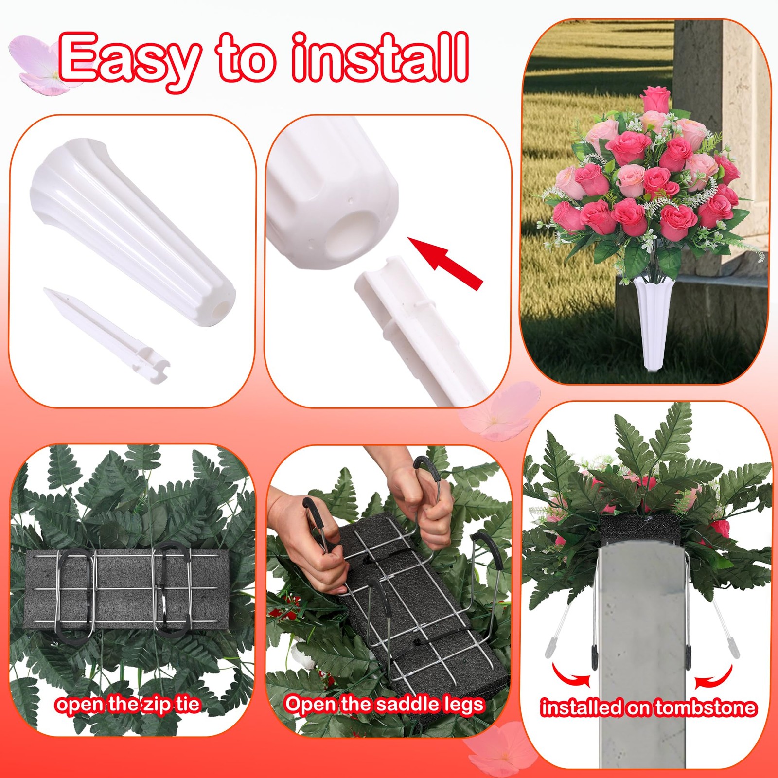 LOSFOTBO 3pcs Headstone Flowers Saddle for Tombstone,Cemetery Flower Memorial…
