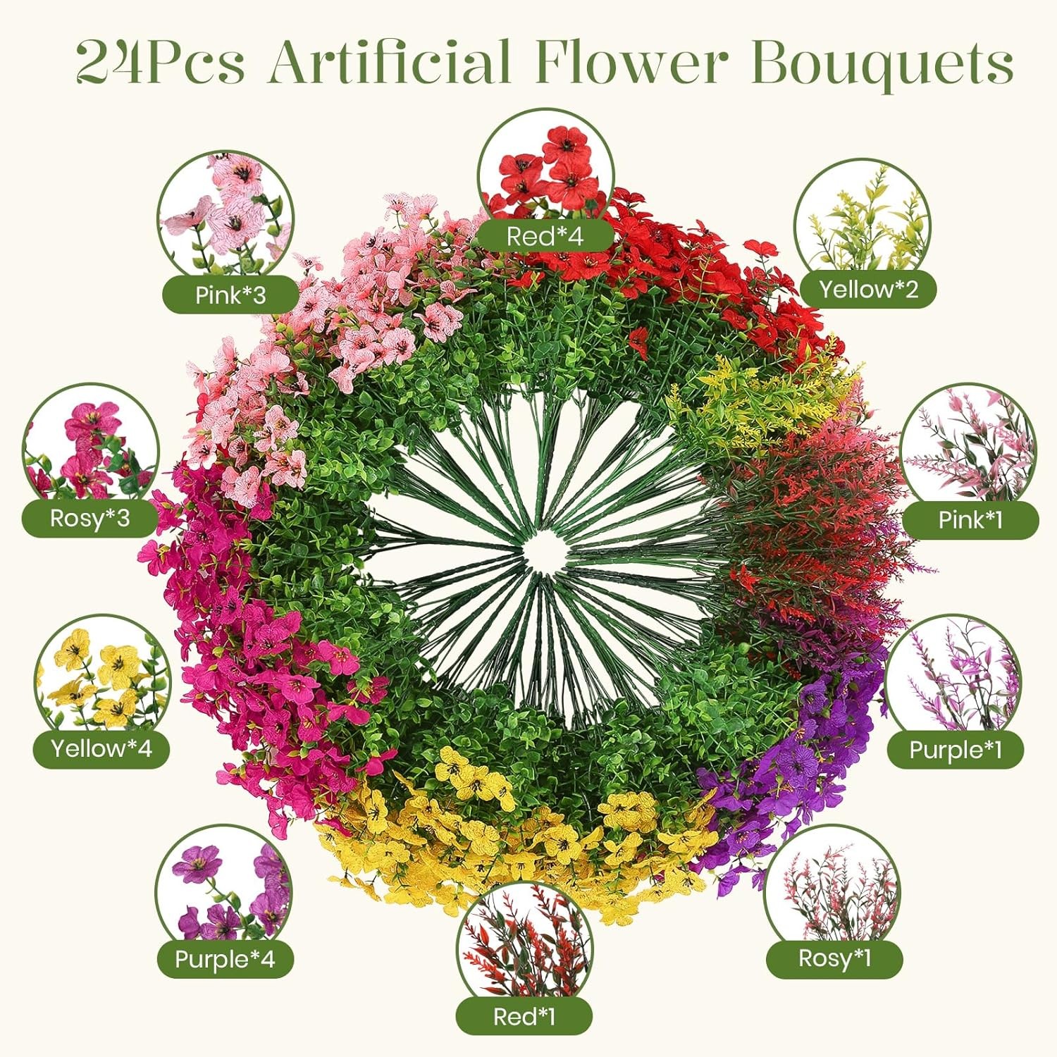 24 Bundles Artificial Flowers for Outdoors Decoration, Faux Plants Fake Silk
