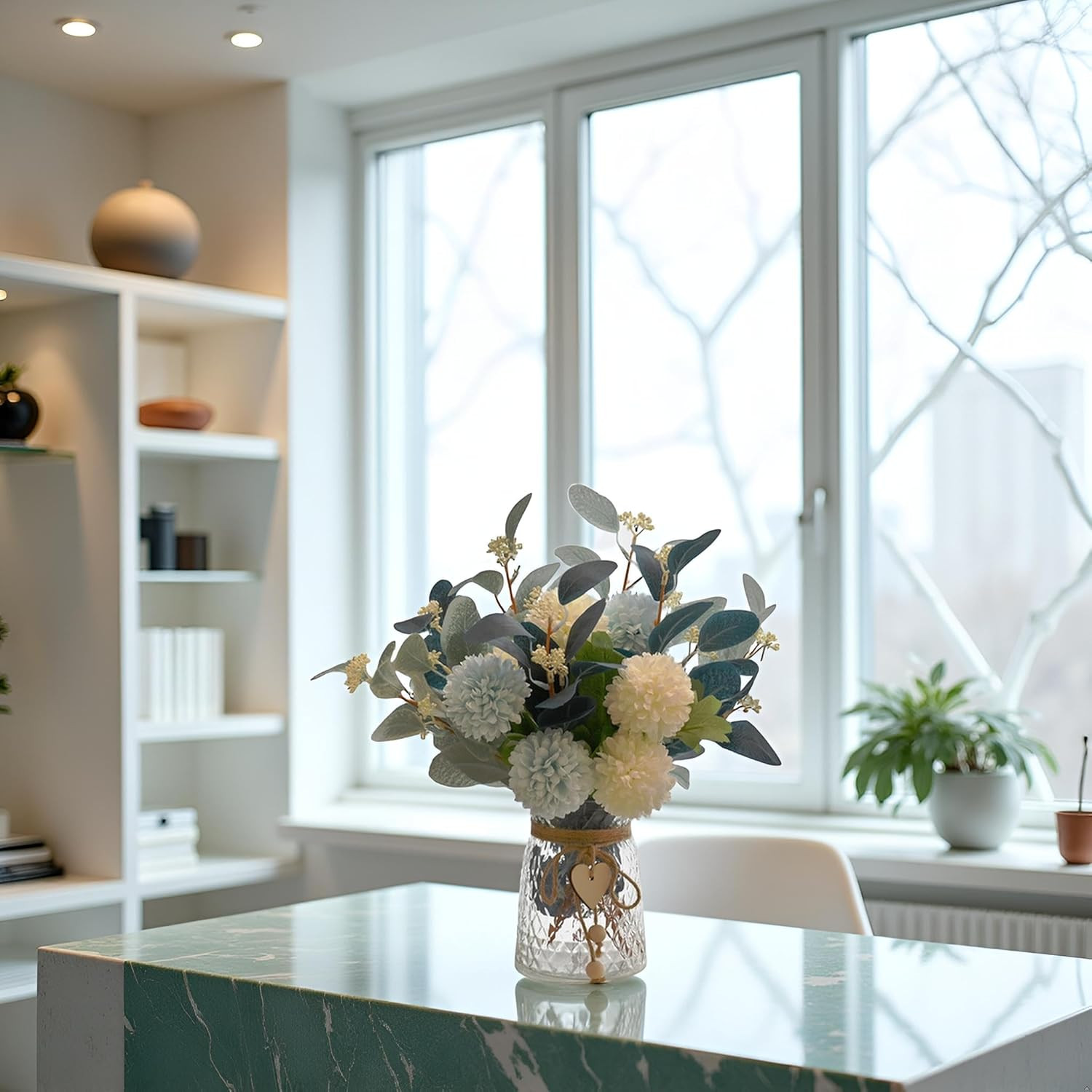 Artificial Flowers with Vase, Faux Flower Arrangement with Eucalyptus Leaves, Si