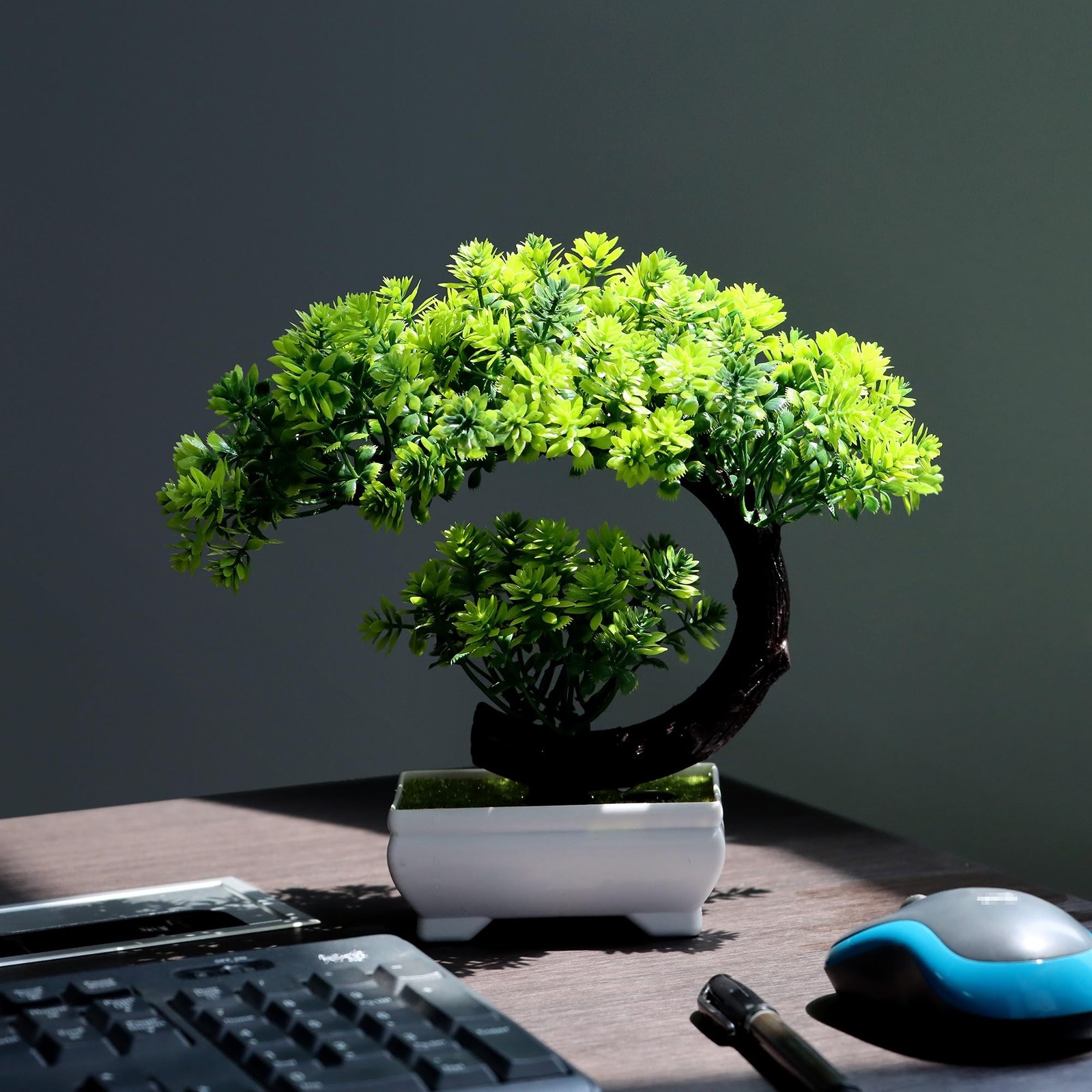 Small Fake Plant Desk Decor Green Artificial Bonsai With Pot 8.5 Inch Tall
