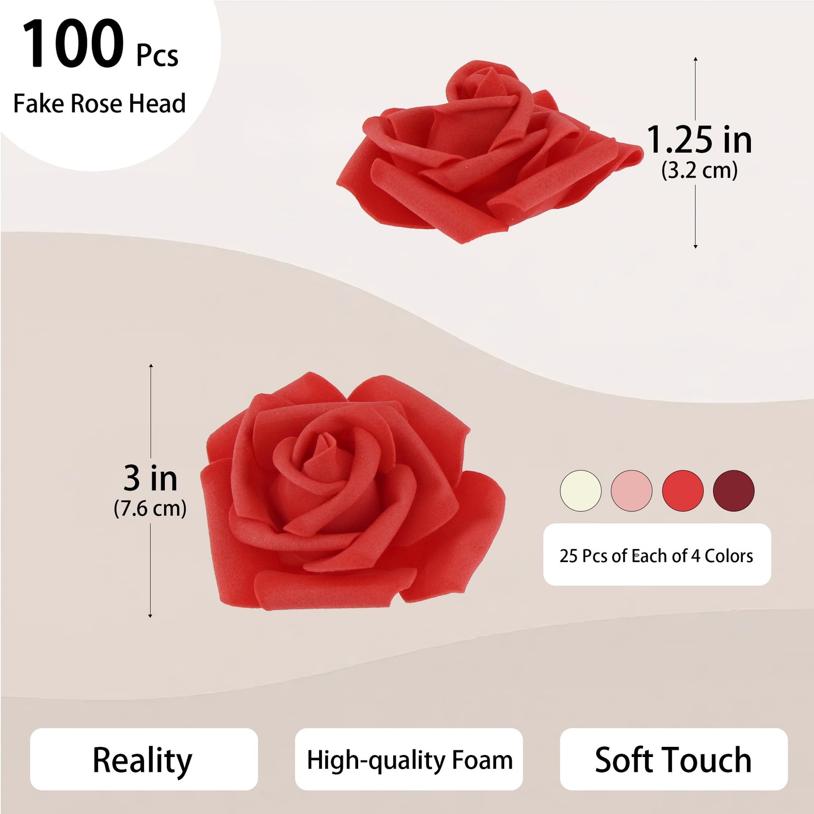 100 Pcs 3 Inch Artificial Flowers Bulk 5 in 1 Set Faux Foam Fake Rose Head We…