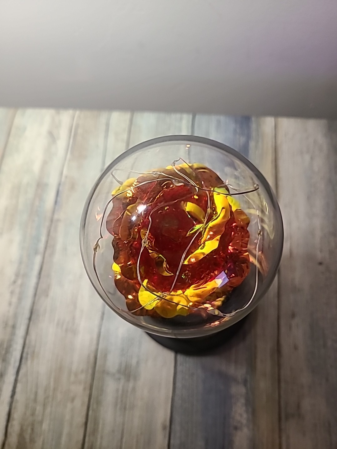 Light Up Rose In Glass With Butterfly And Rose Petals On The Bottom. Red/ Gold.