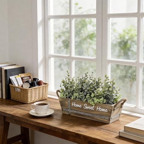 Artificial Table Centerpiece in Wooden Box, Faux Greenery Eucalyptus