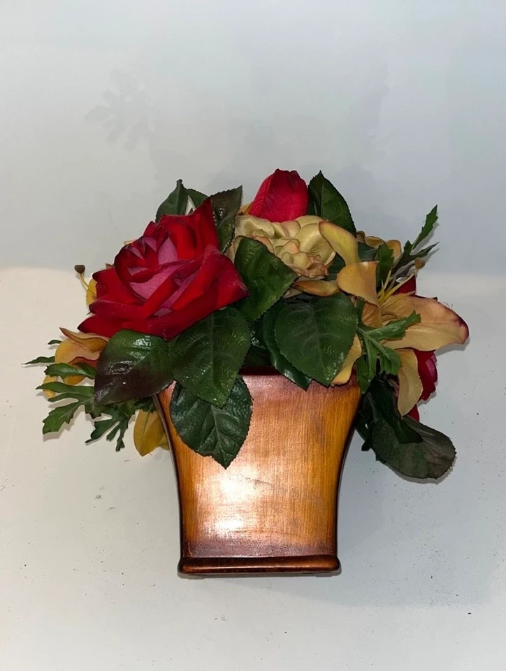 Red & Yellow Faux Flower Roses Centerpiece Beige Mahoga Brown Neutral Home Decor