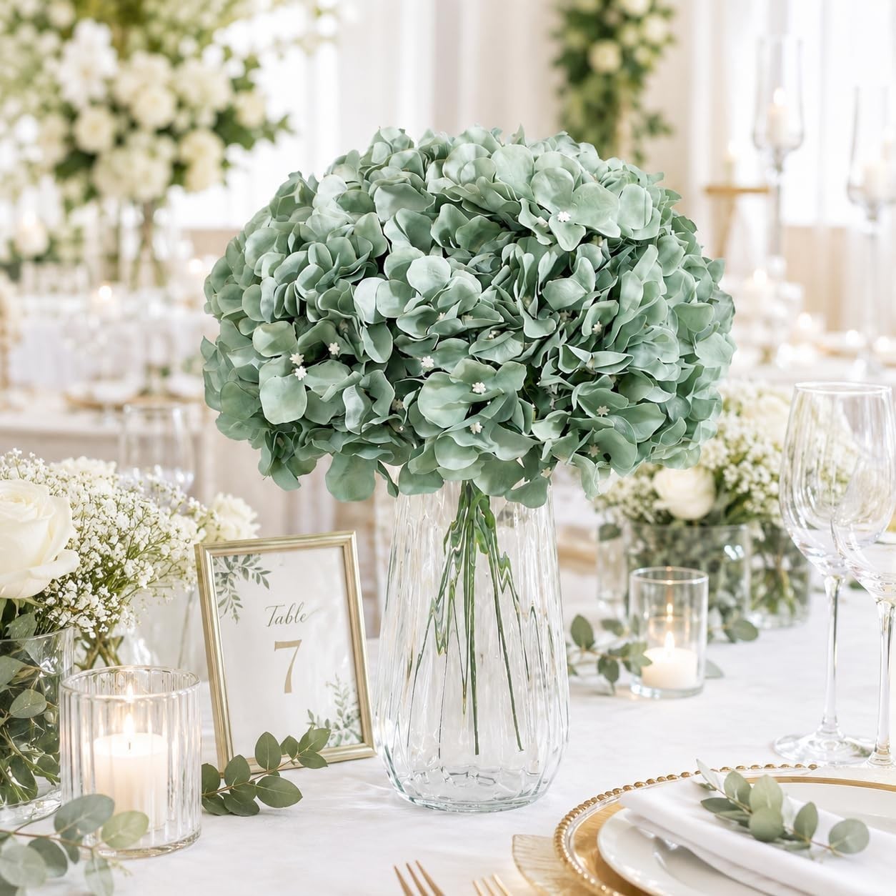 100ct Sage Green Artificial Hydrangea Blooms – Lush Silk Floral Wedding Decor