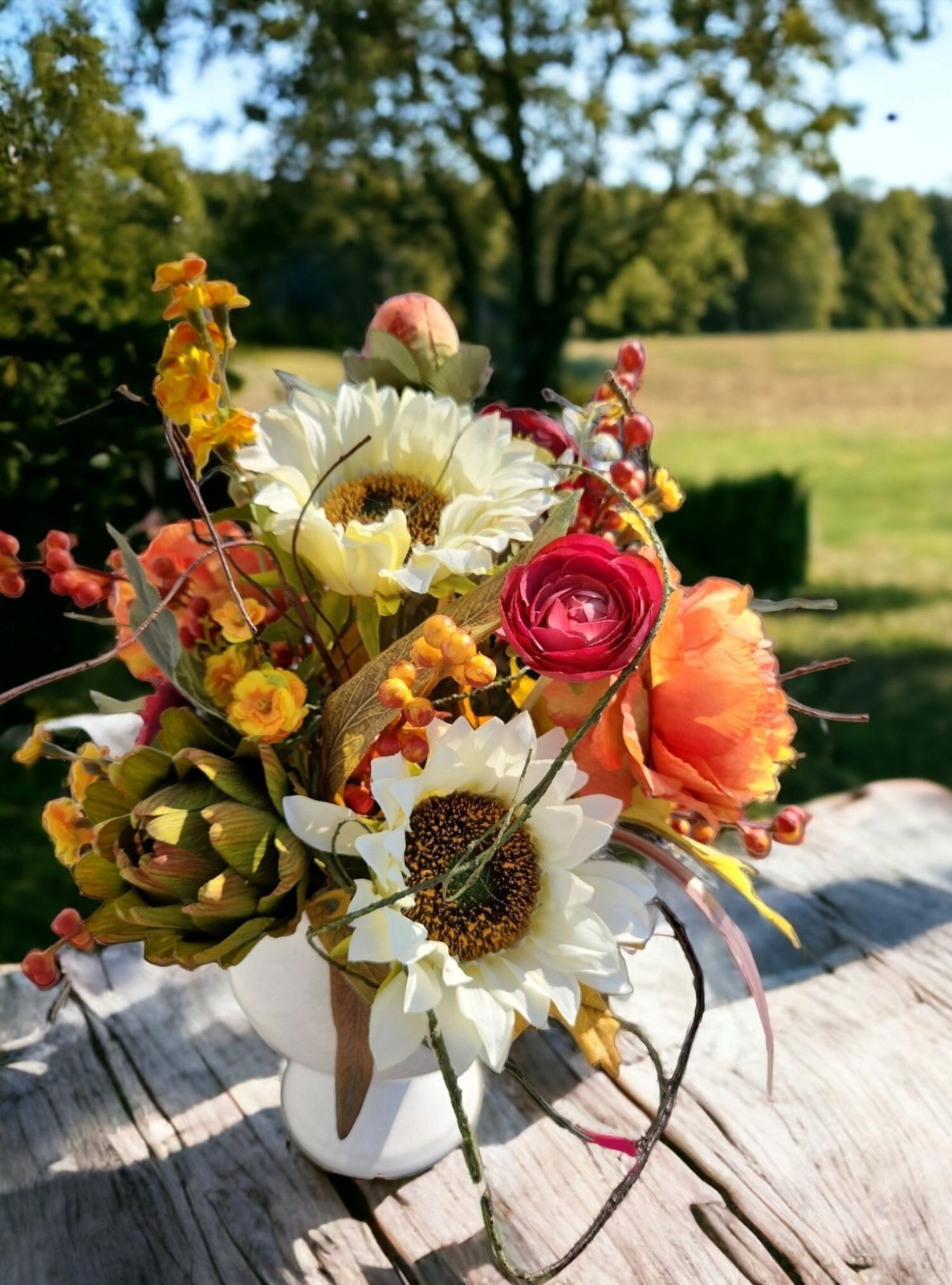 Autumn Artificial Floral Centerpiece With Sunflowers & Ranunculus Arrangement Wh