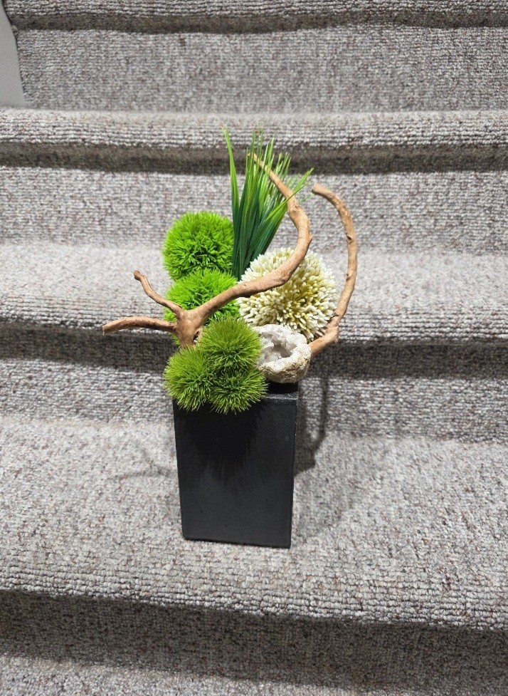 Zen Faux Floral Arrangement, Handmade Ikebana in Concrete Vase