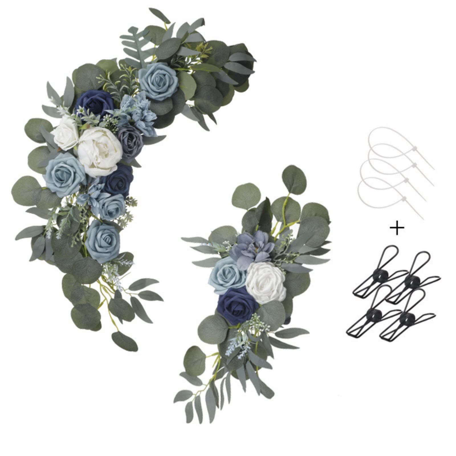 Navy Dusty Blue White Wedding Arch Flower Swag Welcome Sign Decor 2 PCS