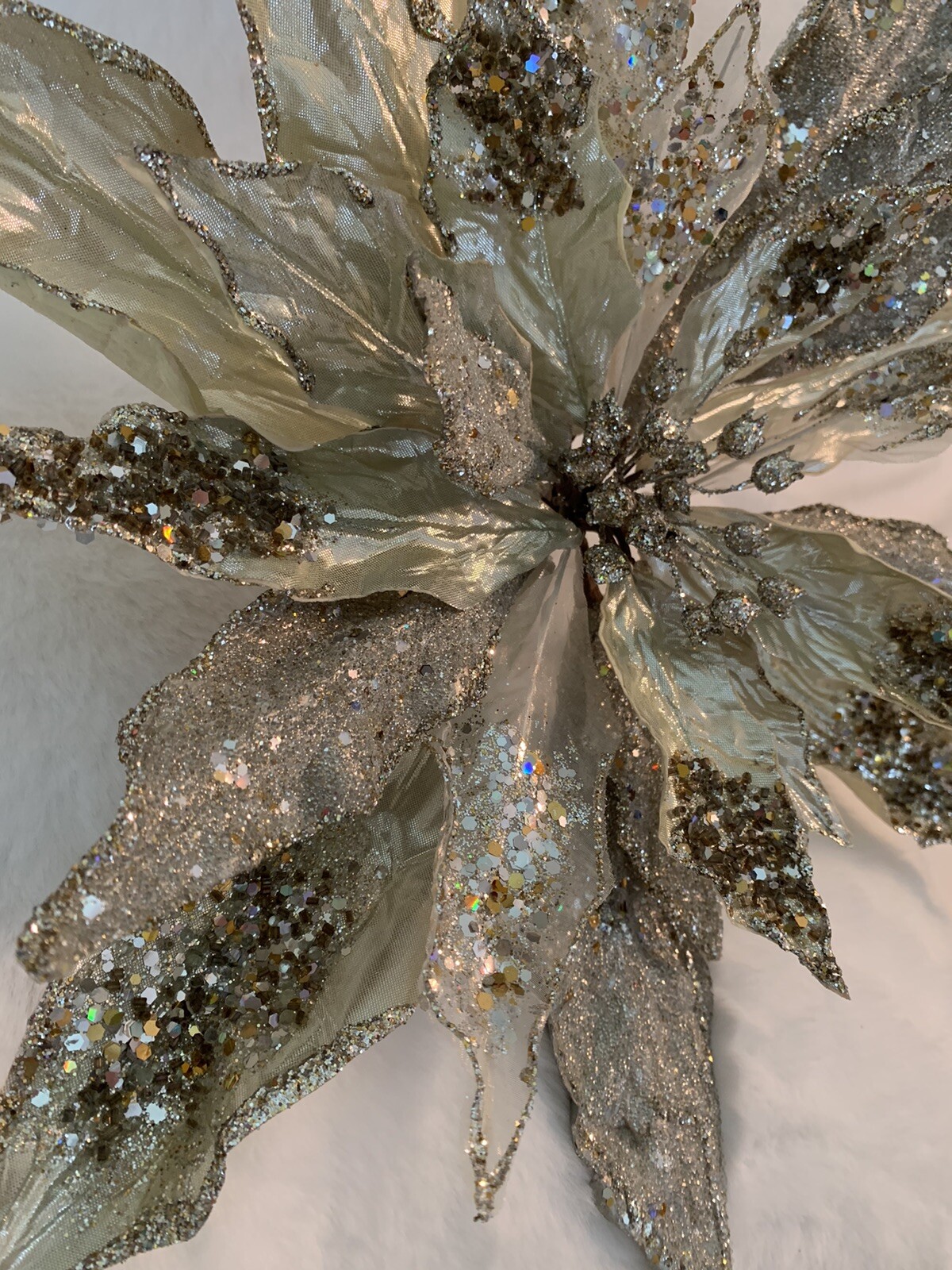 XL 18” Poinsettia Cluster Clip Decor Platinum Jeweled Glitter Christmas Wedding