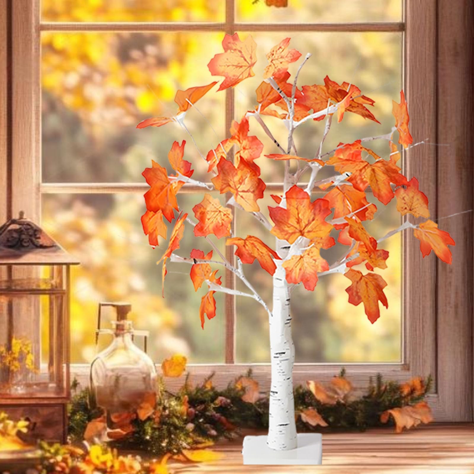 Fall Lighted Maple Tree, Thanksgiving Decorations 24 LED Light Up Tabletop Ma…