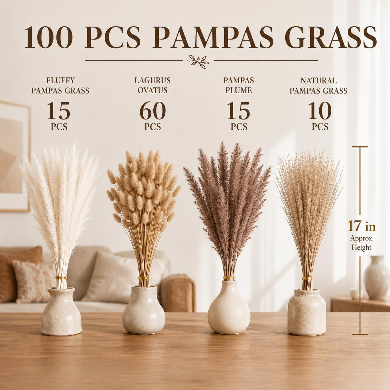 Dried Pampas Grass 100 Stems, Bunny Tails Boho Wedding Decor | 100 Mixed Stems