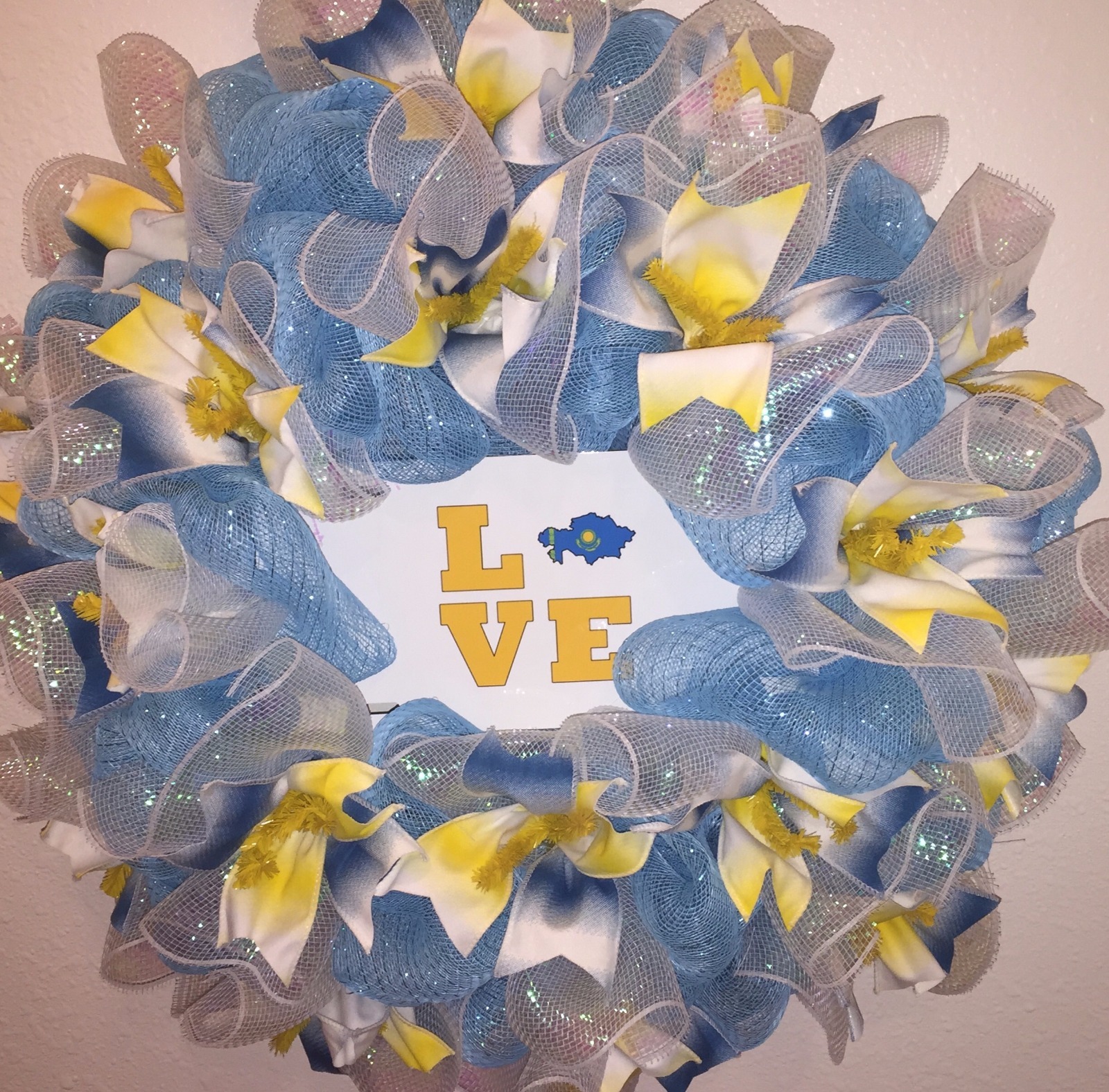 NEW Handmade Kazakhstan Wreath Kazak Russia Mesh Ribbon Blue Yellow Door WhIte
