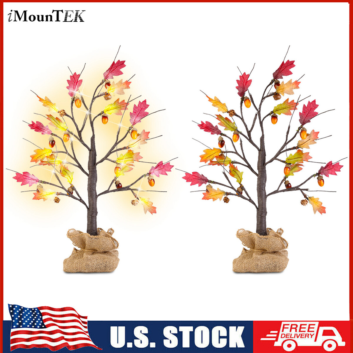 2x 24″ Artificial Lighted Maple Tree Warm White Fall Decorations Indoor Ourdoor