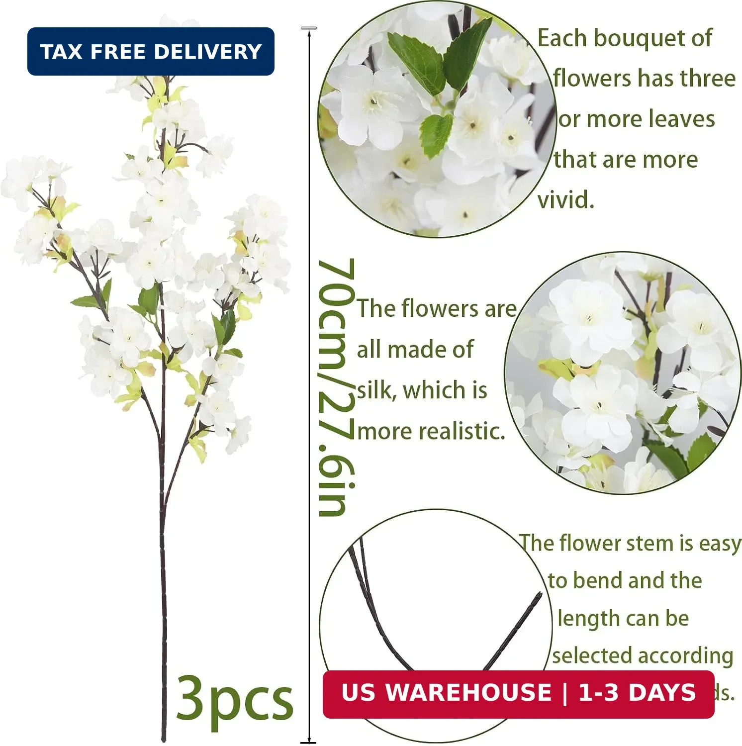 3 Pcs Cherry Blossom Branches for Vase Long Stems Artificial Flowers Spring Summ