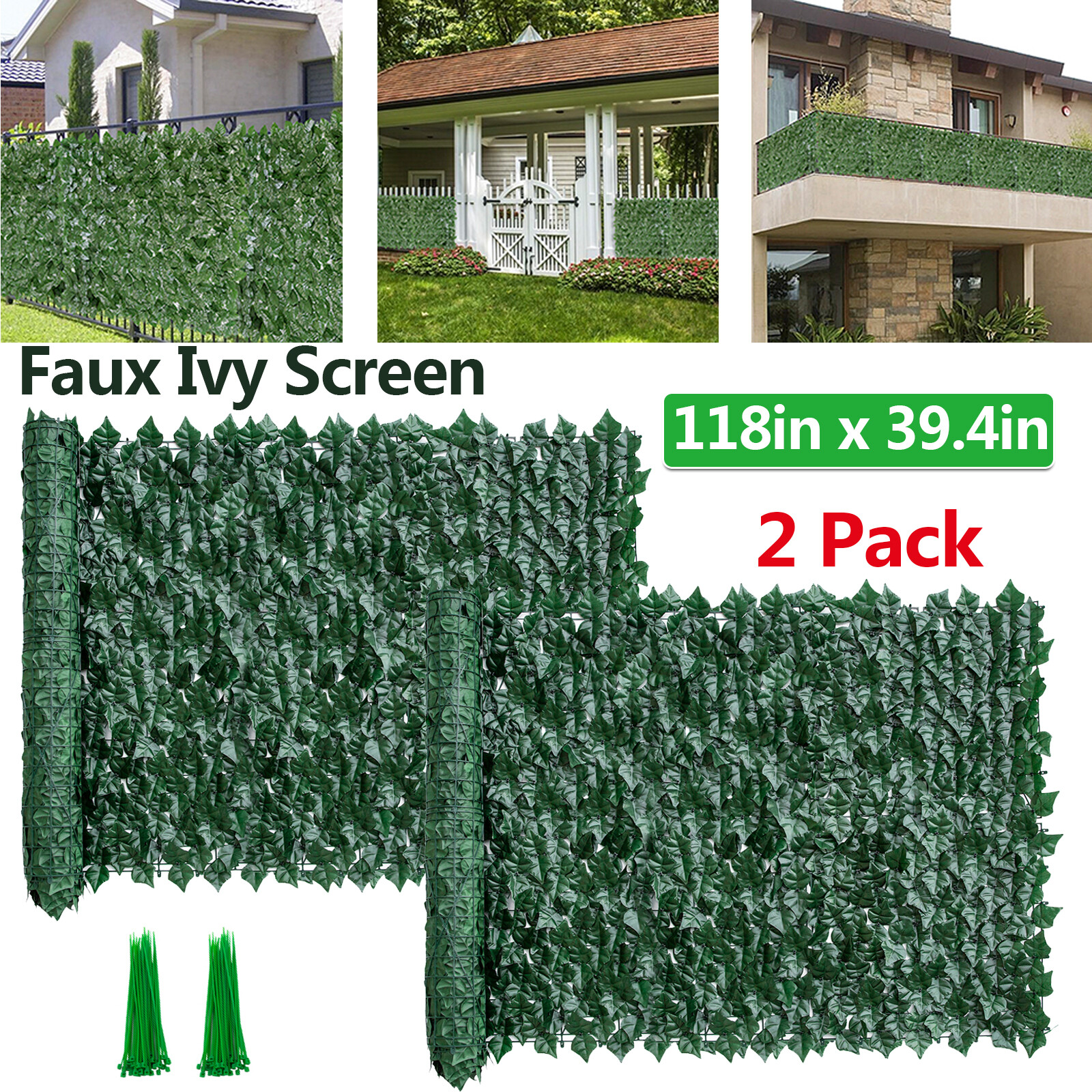 2 Pack Artificial Hedge Green Ivy Leaf Privacy Fence Screen Wall Gate Yard Decor