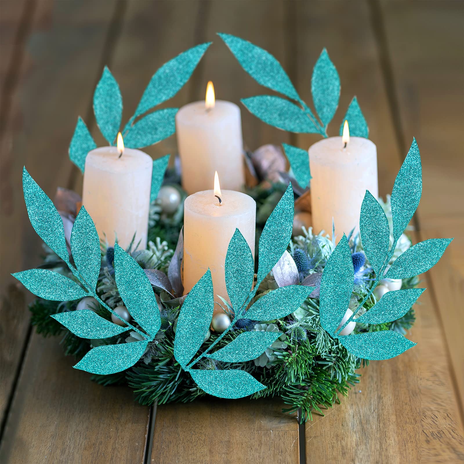 20 PCS Teal Glitter Bay Leaf Sprays Artificial Christmas Tree Picks 12.7 Inch