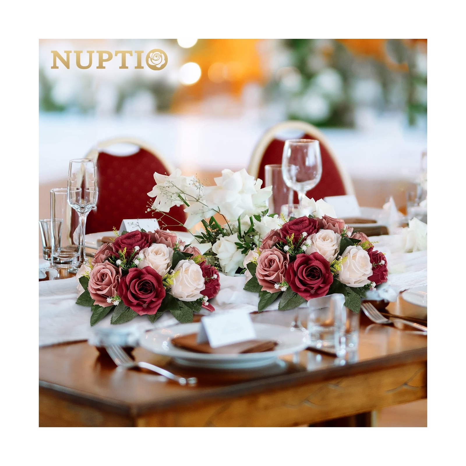 Nuptio Artificial Flower Centrepieces for Tables – 6 Pcs Burgundy & Dusty Ros…