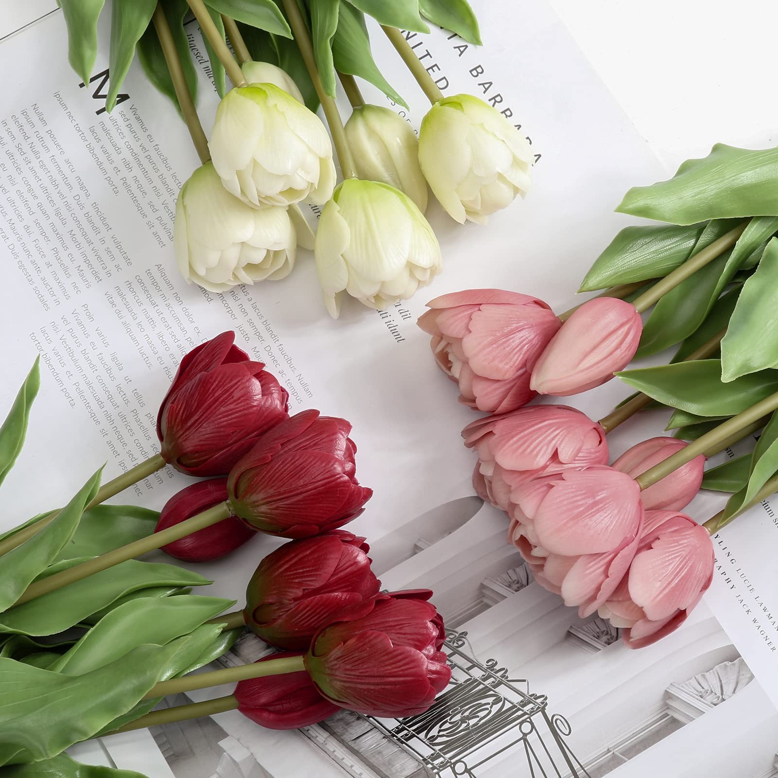 6 PCS Artificial Tulips Flowers Pink Real Touch Fake Latex 14″ Bouquet
