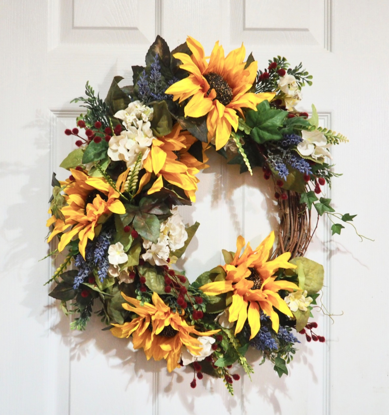 22” Sunflower Wreath for Front Door – Rustic Farmhouse Grapevine Floral Decor