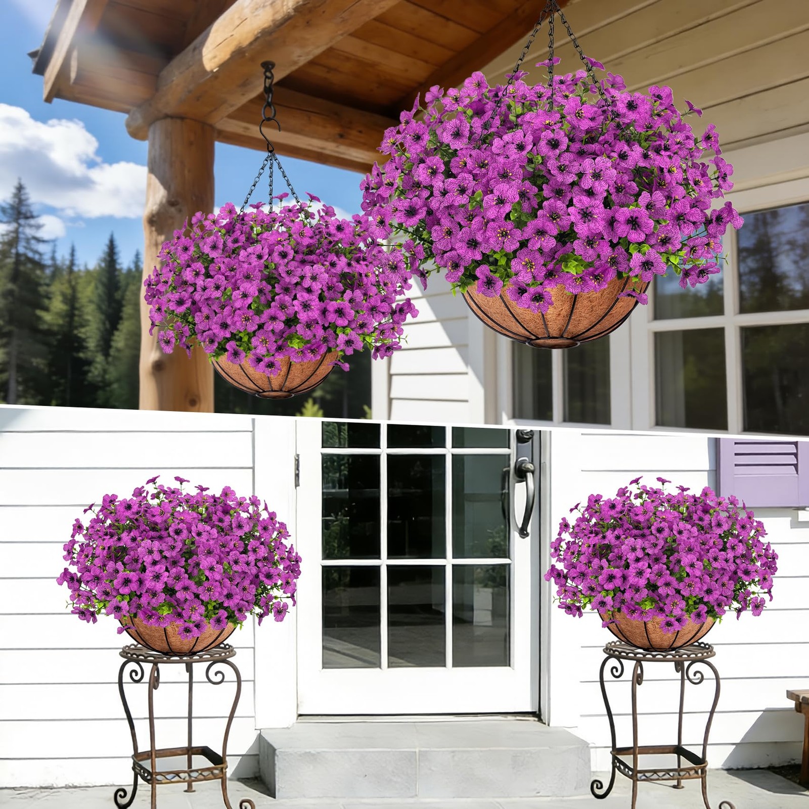 Artificial Hanging Flowers with Hanging Basket for Front Porch Patio Garden
