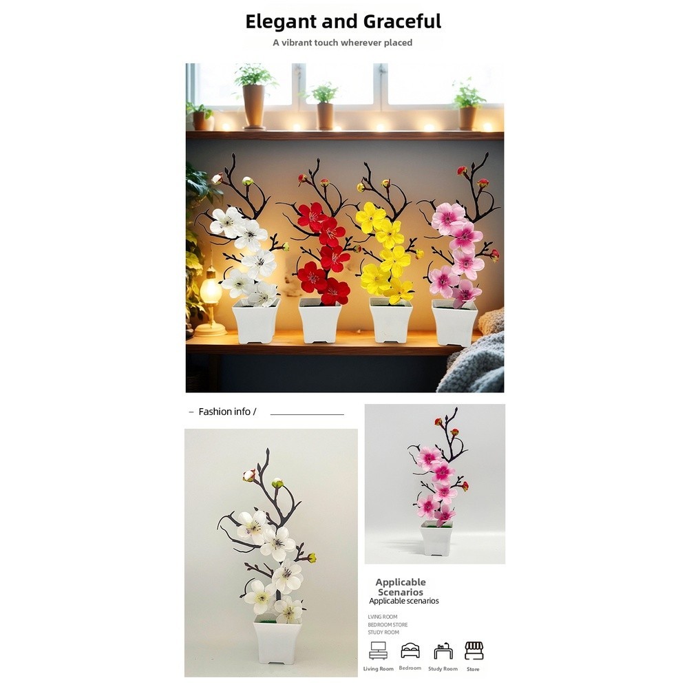 Realistic Artificial Winter Plum Flower Arrangement in Square Pot 10x10x26cm